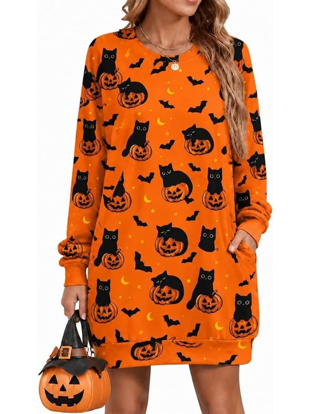 🆕 Women's Orange Halloween Black Cat Pumpkin Sweatshirt Dress Pockets